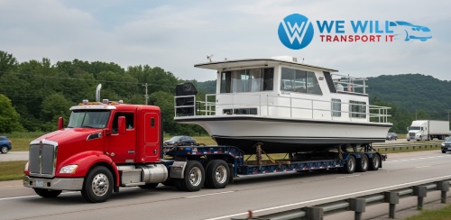 Hauling a 1982 Gibson 36 houseboat on a RGN trailer.