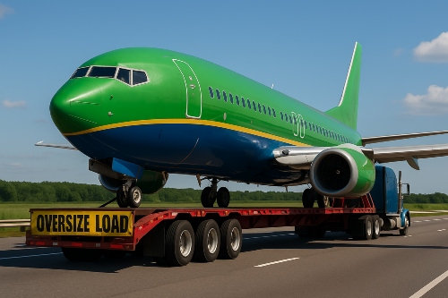 A red flatbed trailer marked with an "Oversize Load" banner is transporting a commercial airplane.