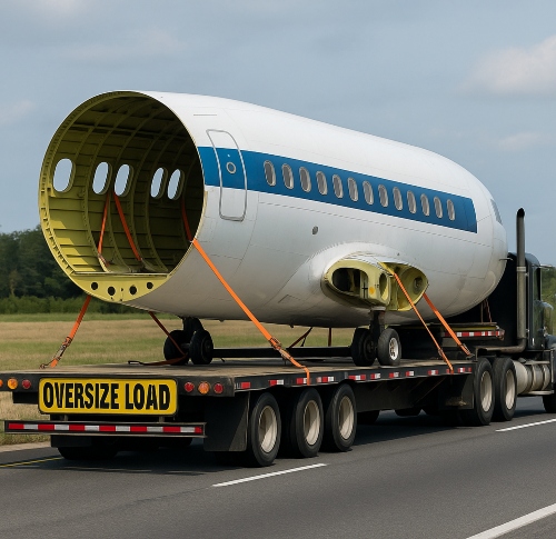 Transporting a Airplane Fuselage on a lowboy trailer.