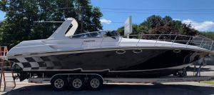 White and blue beautiful yacht ready to be transported from Pennsylvania to Florida, Boat Transport Pennsylvania
