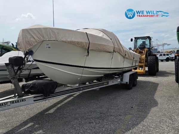 Cobalt boat secured on a dual-axle aluminum trailer hauled from New Bedford, Massachusetts to Winston-Salem, North Carolina.