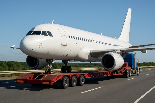 White commercial aircraft strapped to a flatbed trailer for transport.