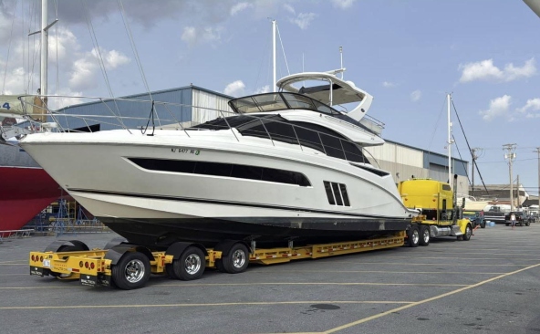 Hauling a Sea Ray 510 Fly boat on a lowboy boat trailer from Toms River, New Jersey to Galveston, Texas.
