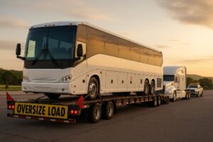 Motor coach bus secured on RGN lowboy trailer behind semi, OVERSIZE LOAD banner with escort pickup.