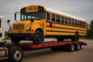 Transporting a School Bus on a lowboy trailer.