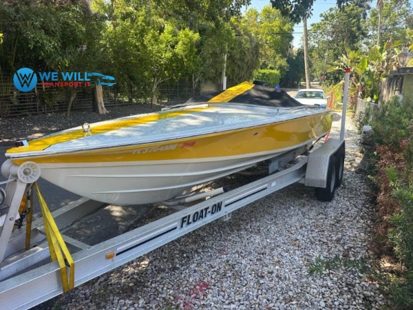 Donzi Classic boat transport on a Float-On bunk boat trailer from Milford, Connecticut to Saginaw, Michigan.