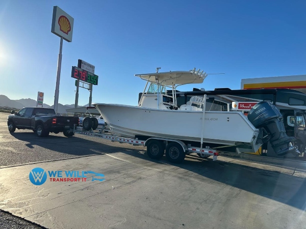 Shipping a Regulator 24 Center Console boat on a bunk boat trailer from Newport, Rhode Island to Bethany Beach, Delaware.