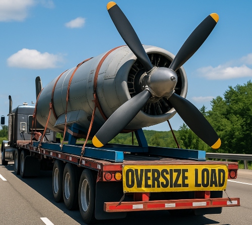 Transporting a oversize aircraft propeller and engine assembly on a flatbed trailer.