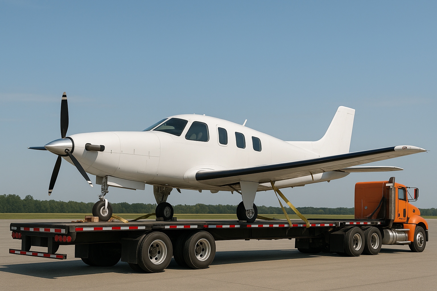White single engine turboprop airplane securely strapped on a flatbed trailer for transport.