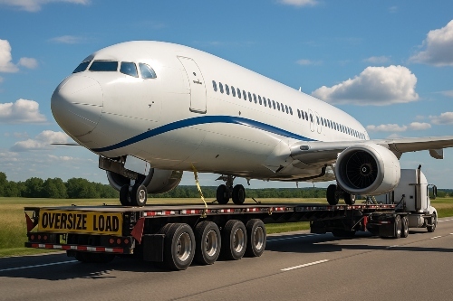 Commercial Airplane being shipped securely on a flatbed trailer.