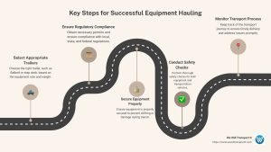 Key steps for successful equipment hauling, including selecting appropriate trailers and ensuring regulatory compliance. - equipment hauling infographic roadmap-5-steps